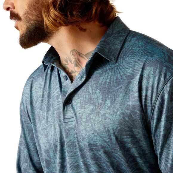 Ariat Men's Small Charger 2.0 Printed Short Sleeve Polo Blue Atoll - Picture 2 of 3